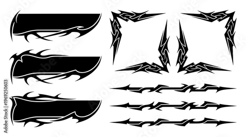 Collection of black cyber sigilism text panels, neo tribal gothic border frames, and sharp line dividers for edgy Y2K graphic design and UI