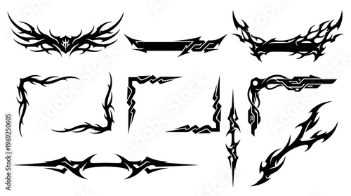 Black futuristic cyber sigilism frame borders and neo tribal stream overlays. Set of sharp gothic corner graphics, Y2K dividers, and edgy UI panels