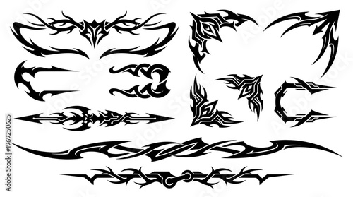 Black neo tribal cyber sigilism vector graphic elements. Includes edgy gothic dividers, sharp corner frames, and symmetric Y2K tattoo flash designs