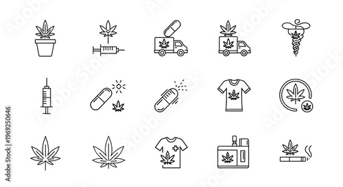 Comprehensive set of medical marijuana and cannabis related icons including leaves, delivery trucks, pills, syringes, and clothing.