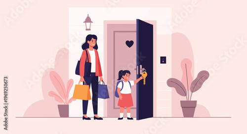 Happy mother holding shopping bags while her young daughter opens the front door of their house with a golden key.