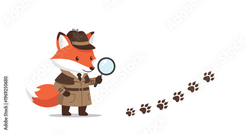 Cute fox character dressed as a detective with a trench coat and magnifying glass following paw prints on the ground.