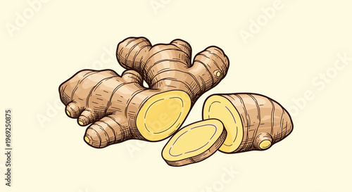 Fresh ginger root with a whole piece and two sliced pieces showing the yellow interior on a light cream background.