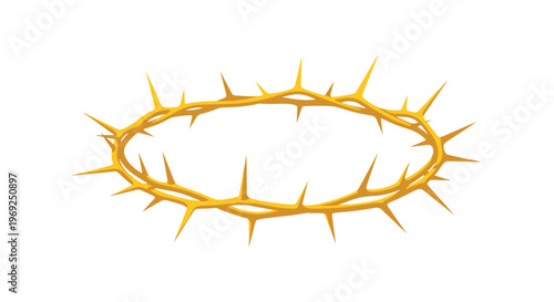 Golden crown of thorns with sharp spikes arranged in a circular shape isolated on a plain white background.