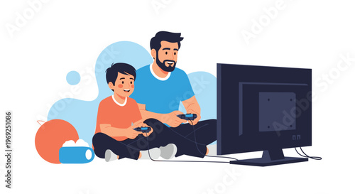 Father and young son sitting on the floor and playing video games together with controllers in front of a television.