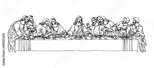 Minimalist line art illustration of The Last Supper, Jesus Christ and apostles at table, continuous line drawing, biblical scene in modern abstract style, isolated with transparent background