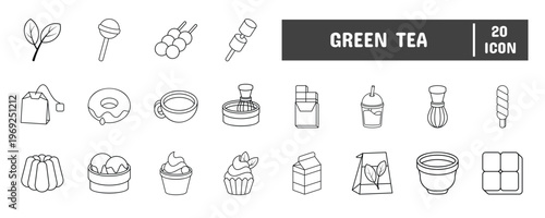 20 Green Tea Line Icon Illustration Set