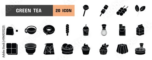20 Green Tea Glyph Icon Illustration Set