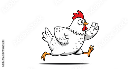 Energetic cartoon chicken running fast with an angry or determined expression isolated on a white background.