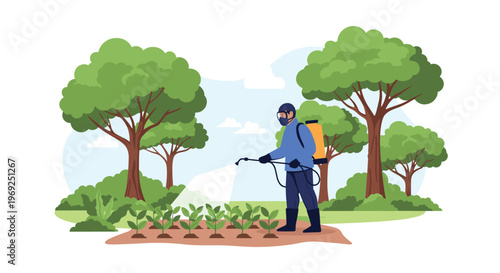 Person in protective gear spraying liquid pesticides or fertilizer on a row of green plants in a garden.