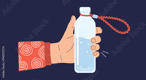Close up of a hand wearing a patterned sleeve holding a clear plastic water bottle with a red rope handle.