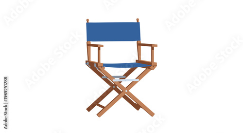 Classic wooden director's chair with a blue fabric seat and backrest isolated on a plain white background.