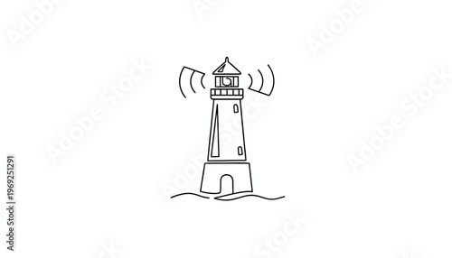 Lighthouse emitting signal waves, minimalist line art, navigation beacon, sea safety icon