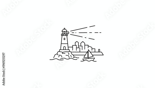 Lighthouse guiding sailboat near coastal city skyline, minimalist line art