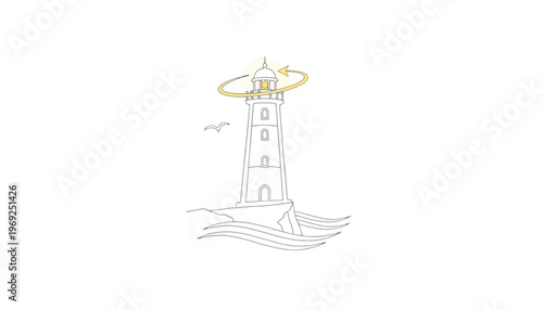Lighthouse on rocky coast with rotating light beam and flying birds, illustration