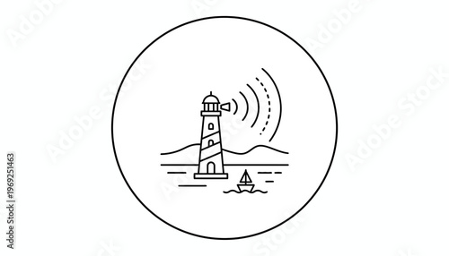 Lighthouse signal, boat sailing on water, coastal landscape, navigation beacon, communication waves