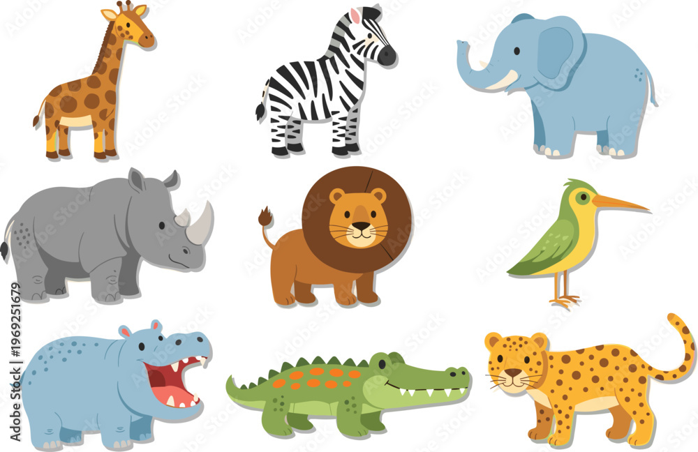 Obraz premium Cute Safari Animal Sticker Vector Set Featuring Giraffe, Zebra, Elephant, Rhino, Lion, Bird, Hippo, Crocodile, and Leopard with White Border for Kids Scrapbooking