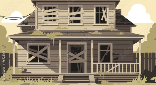 Old abandoned wooden house with boarded up windows and doors standing in a neglected yard with a fence.