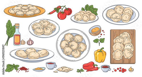 Variety of traditional handmade dumplings such as khinkali and pelmeni served on plates with fresh vegetables and aromatic spices.