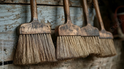 Four vintage wooden-handled brushes hanging on weathered wood.