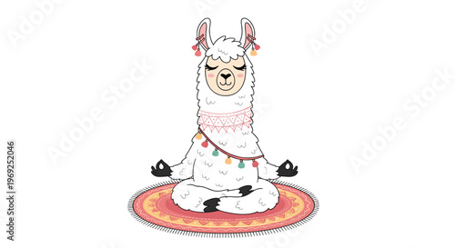 Cute white llama sitting in a cross legged lotus meditation pose on a colorful bohemian rug decorated with traditional ornaments.