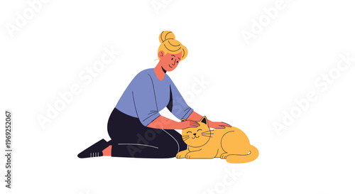 Smiling young woman kneeling on the ground and gently petting her happy fluffy yellow cat on a clean white background in a studio.
