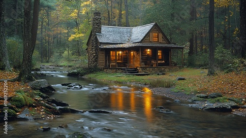 Cozy cabin nestled beside a tranquil stream in an autumnal forest.
