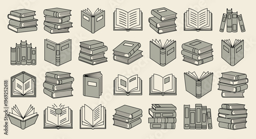 Comprehensive collection of twenty four different book icons shown in various stacks and open positions on a beige background.