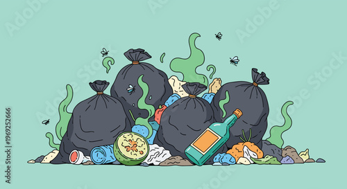 Large pile of messy black garbage bags and household waste emitting green foul odors with flies buzzing around.