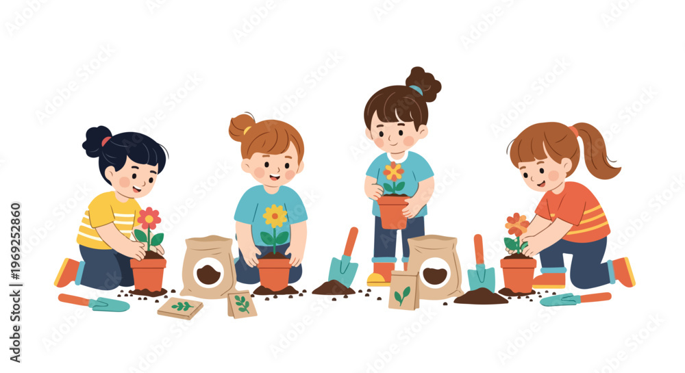 Fototapeta premium Four happy young girls are busily planting colorful flowers into pots using gardening tools and soil bags in this cute, educational illustration.