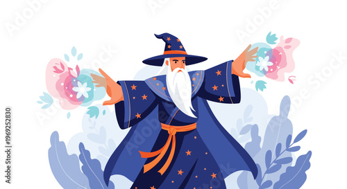 Powerful wizard with a long white beard and blue robes casting magical spells with colorful light effects in a fantasy world.