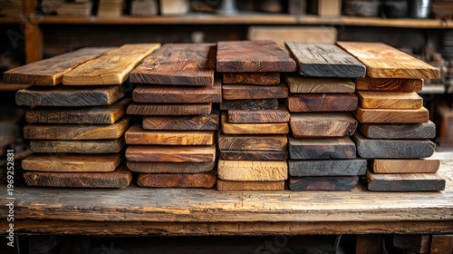 Stacked reclaimed wood planks of various colors and grains on a rustic wooden table.