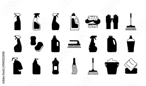 Colorful cleaning equipment set household supplies sponge brush detergent vector eps10