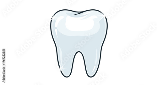 Single healthy white human tooth with sparkles indicating cleanliness and good dental hygiene on white background.