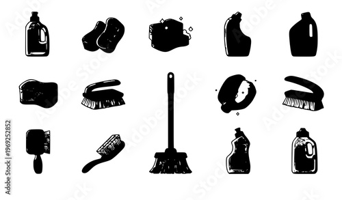 Cartoon cleaning supplies icons set colorful household tools and chemicals vector eps10
