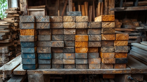 Stacked lumber in a workshop.
