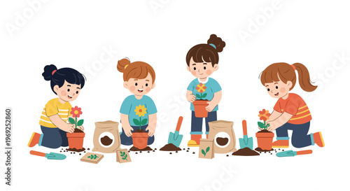 Four happy young girls are busily planting colorful flowers into pots using gardening tools and soil bags in this cute, educational illustration.