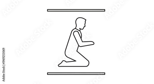Minimalist line art illustration of a person kneeling in a constrained or low-height environment
