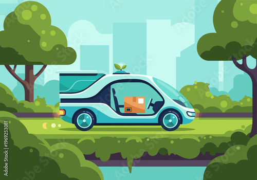 Eco-friendly electric delivery van driving through a green urban park with a distant city skyline