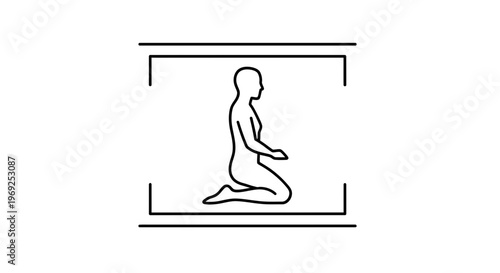 Black and white line art depicting a serene human silhouette in a tranquil kneeling posture