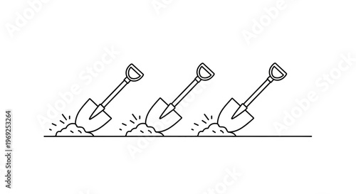 Continuous digging activity represented by three line art shovels in soil on a white background
