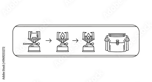 Portable camping stove setup and storage process illustrated with line icons