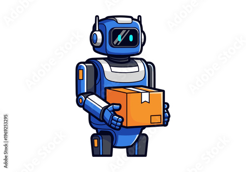 Friendly blue robot character holding an orange cardboard box for delivery
