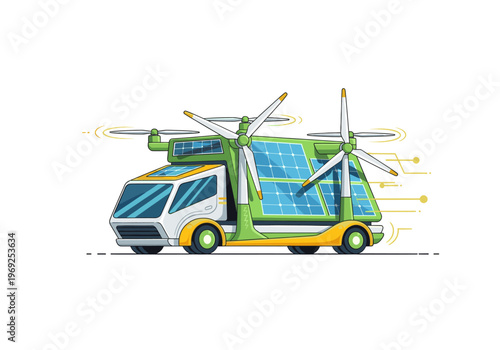 Futuristic green vehicle powered by solar panels and wind turbines for sustainable transportation