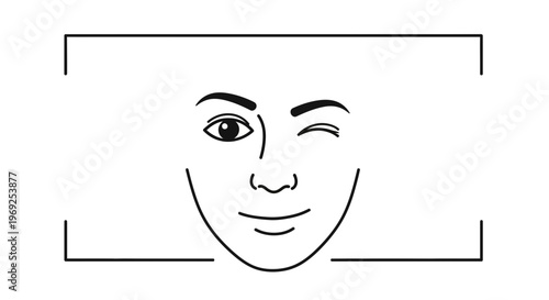 Stylized winking face icon framed for biometric recognition or playful user interaction concept