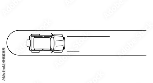 Top view of an outline drawing depicting a recreational vehicle navigating a curved and straight