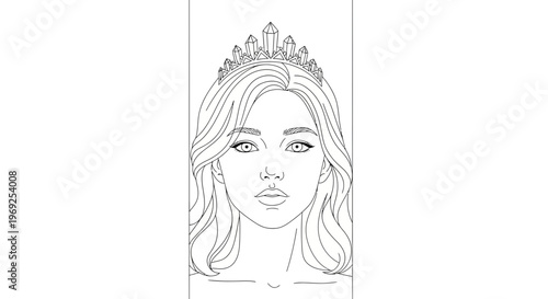 Elegant minimalist line art portrait featuring a graceful woman adorned with a crystalline tiara