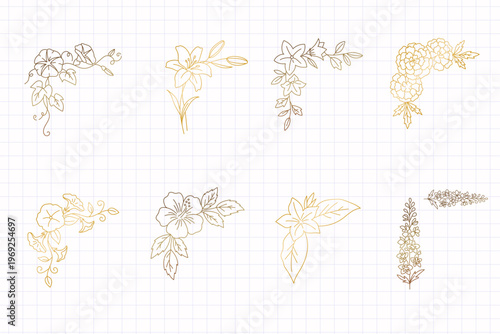 Elegant Gold Floral Corner Frames Set with Lily and Morning Glory Line Art