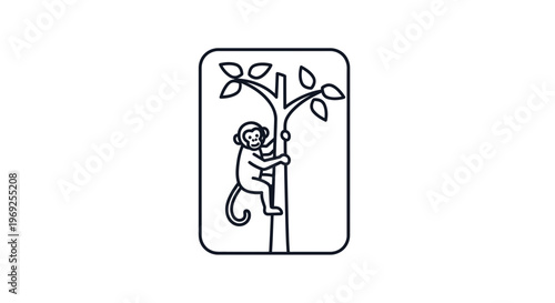 Playful Monkey Climbing Tree Branch, Minimalist Line Art Icon, Cute Animal Illustration