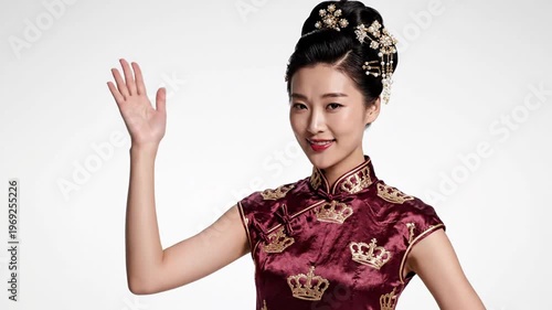 Elegant Asian Model in Traditional Dress Waving Hand Gracefully on White Background, perfect for